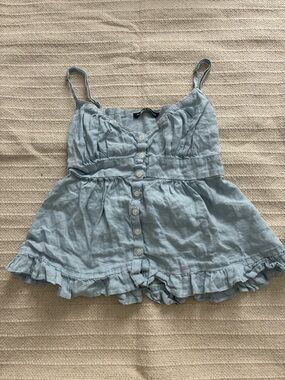 Brandy Melville Light Blue Ruffled Button-Front Linen Babydoll Top